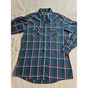 Vtg Key Saddle King Western Long Sleeve‎ Pearl Snap Shirt Blue Green Plaid XL T